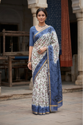 Blue Salli Chanderi Border White Digital Print Saree With Blouse