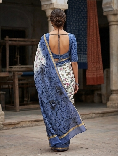 Blue Salli Chanderi Border White Digital Print Saree With Blouse