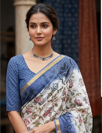 Blue Salli Chanderi Border White Digital Print Saree With Blouse