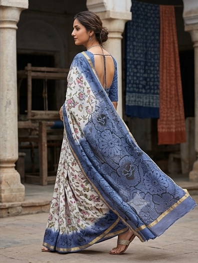 Blue Salli Chanderi Border White Digital Print Saree With Blouse