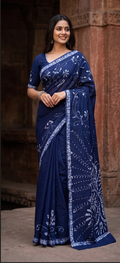 Dark Blue Pen Batik Mul Mul Cotton Saree With Blouse