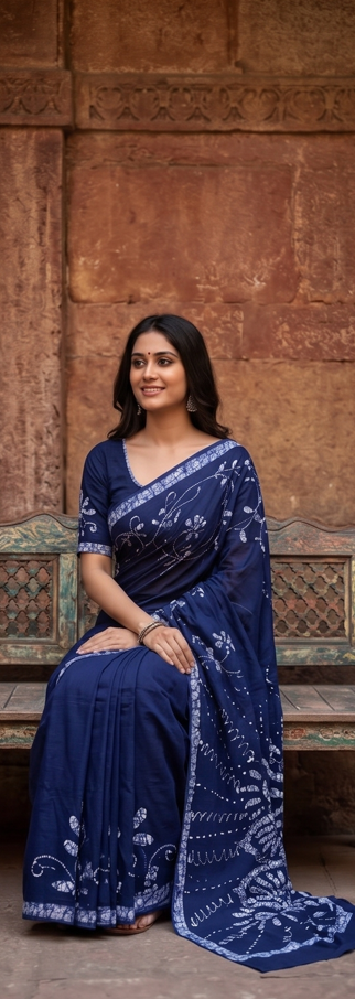 Dark Blue Pen Batik Mul Mul Cotton Saree With Blouse