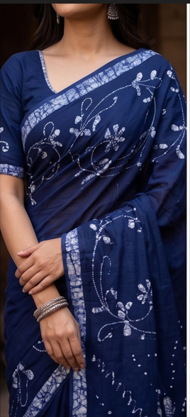 Dark Blue Pen Batik Mul Mul Cotton Saree With Blouse