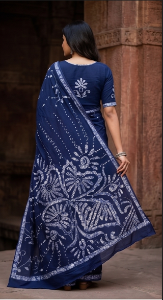 Dark Blue Pen Batik Mul Mul Cotton Saree With Blouse