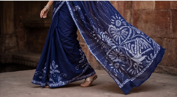 Dark Blue Pen Batik Mul Mul Cotton Saree With Blouse
