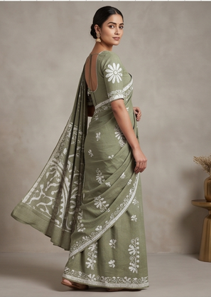 Grey Pen Batik Mul Mul Cotton Saree With Blouse