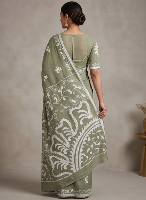 Grey Pen Batik Mul Mul Cotton Saree With Blouse