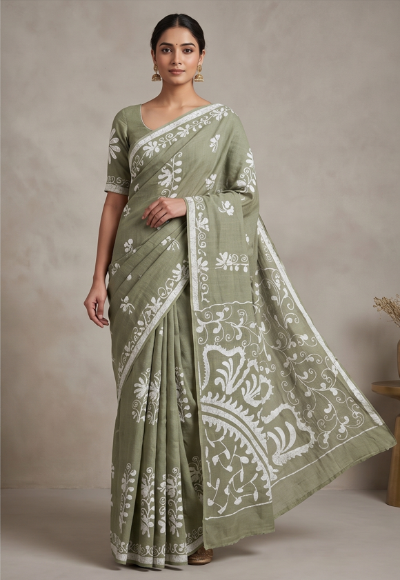 Grey Pen Batik Mul Mul Cotton Saree With Blouse