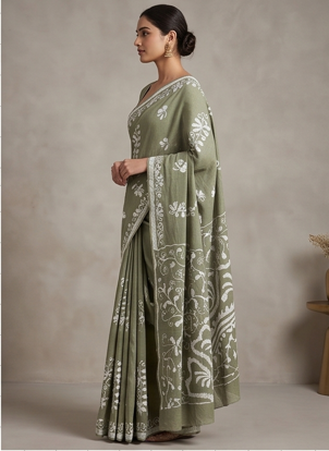 Grey Pen Batik Mul Mul Cotton Saree With Blouse