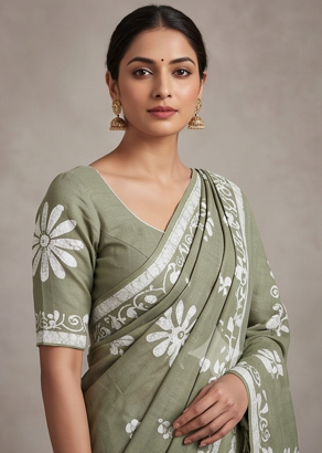 Grey Pen Batik Mul Mul Cotton Saree With Blouse