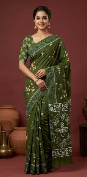 Dark Green Mul Mul Cotton Anjali Saree With Blouse Unstitched