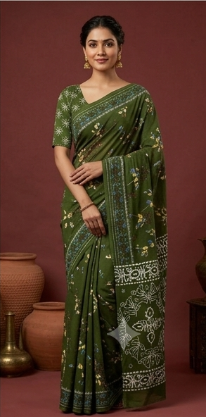 Dark Green Mul Mul Cotton Anjali Saree With Blouse Unstitched
