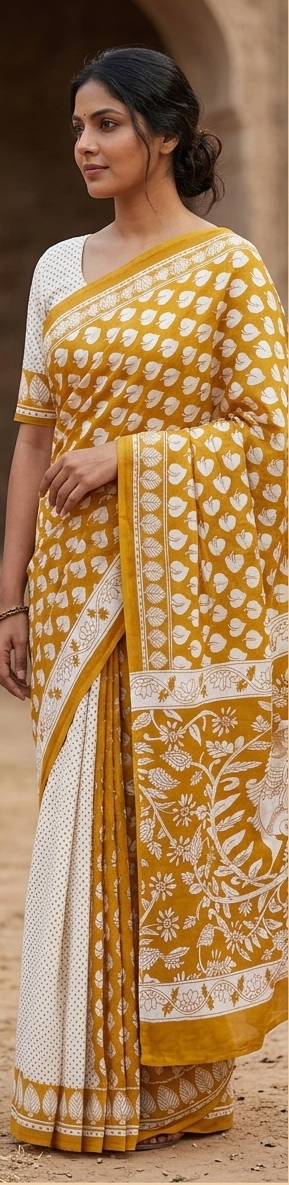 Yellow Mul Mul Cotton Gopi  Saree With Blouse Unstitched