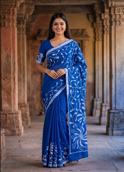 Neon Blue Pen Batik Mul Mul Cotton Saree With Blouse