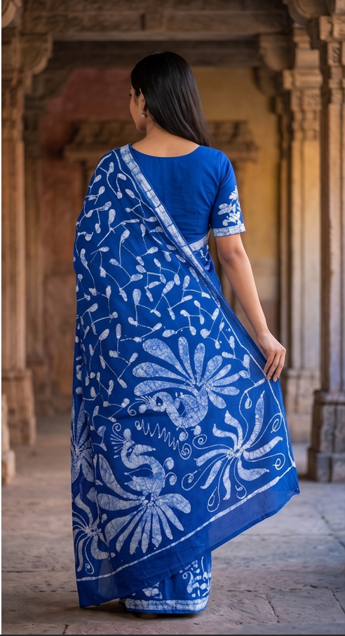 Neon Blue Pen Batik Mul Mul Cotton Saree With Blouse
