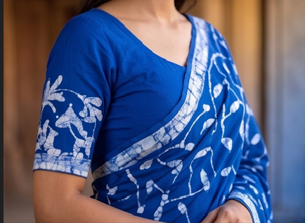 Neon Blue Pen Batik Mul Mul Cotton Saree With Blouse