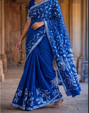 Neon Blue Pen Batik Mul Mul Cotton Saree With Blouse