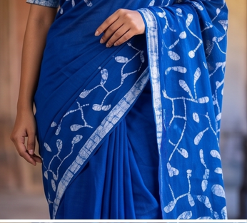Neon Blue Pen Batik Mul Mul Cotton Saree With Blouse