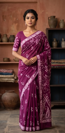 Purple Pen Batik Mul Mul Cotton Saree With Blouse