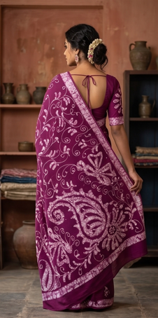 Purple Pen Batik Mul Mul Cotton Saree With Blouse