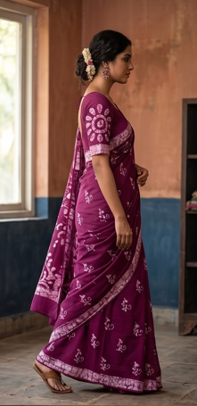 Purple Pen Batik Mul Mul Cotton Saree With Blouse