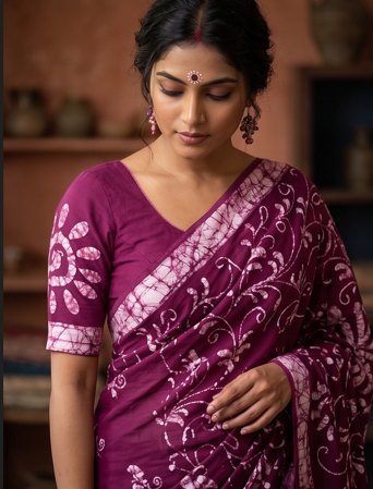 Purple Pen Batik Mul Mul Cotton Saree With Blouse