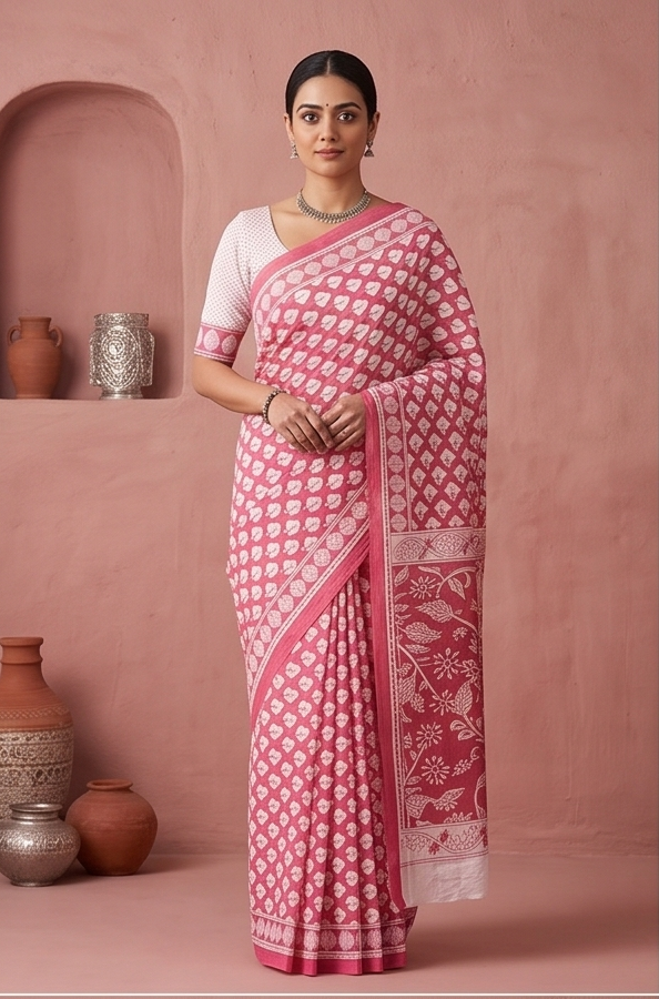Pink Mul Mul Cotton Gopi Saree With Blouse Unstitched