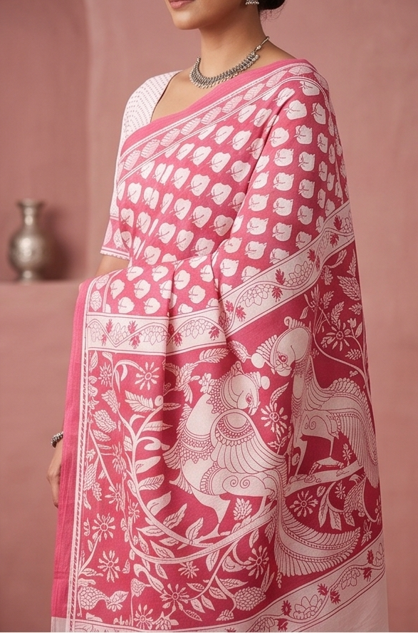 Pink Mul Mul Cotton Gopi Saree With Blouse Unstitched