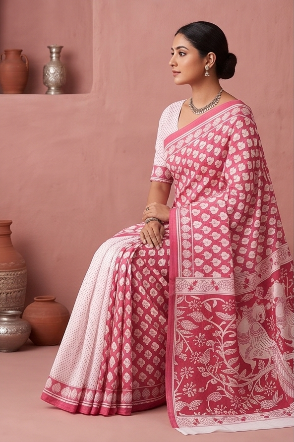 Pink Mul Mul Cotton Gopi Saree With Blouse Unstitched