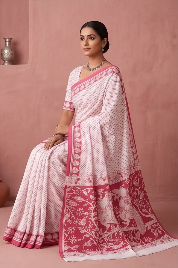 Pink Mul Mul Cotton Gopi Saree With Blouse Unstitched