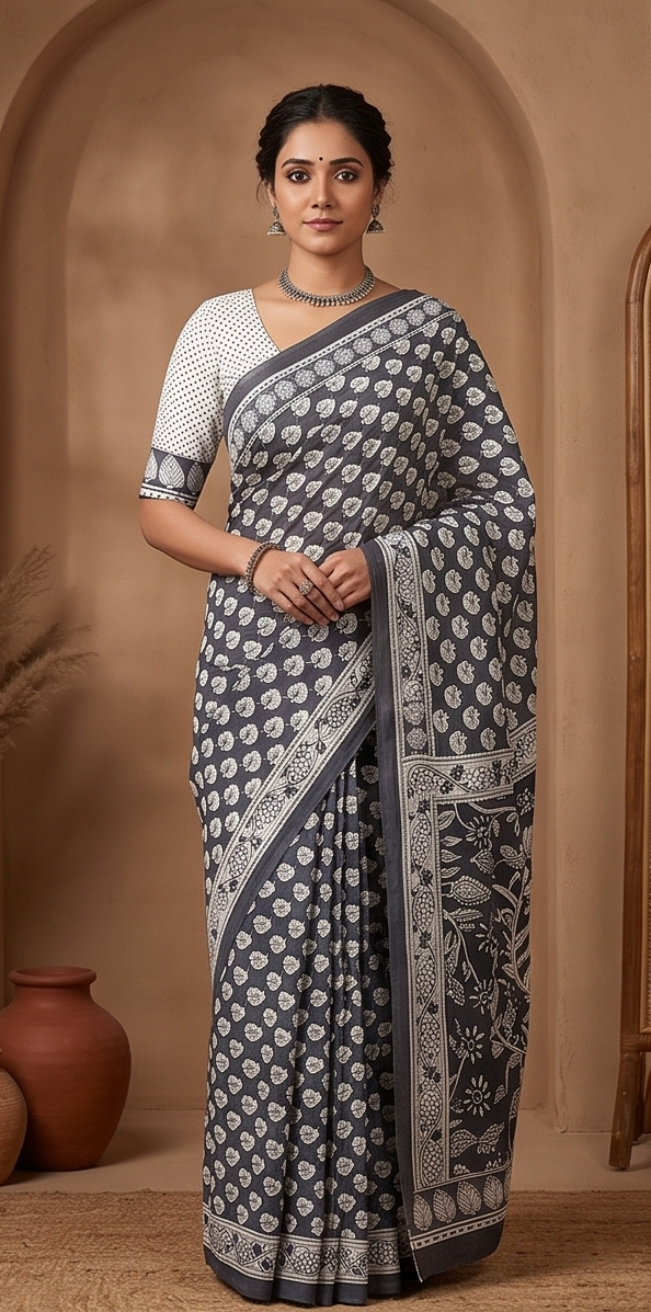 Black Mul Mul Cotton Gopi  Saree With Blouse Unstitched