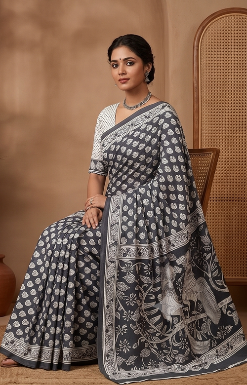 Black Mul Mul Cotton Gopi  Saree With Blouse Unstitched