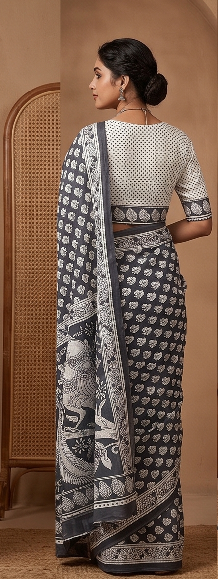 Black Mul Mul Cotton Gopi  Saree With Blouse Unstitched