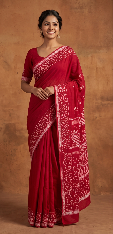 Red Pen Batik Mul Mul Cotton Saree With Blouse