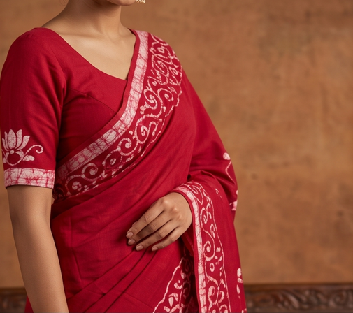 Red Pen Batik Mul Mul Cotton Saree With Blouse