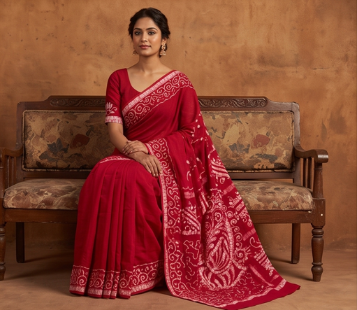 Red Pen Batik Mul Mul Cotton Saree With Blouse