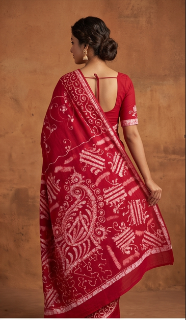 Red Pen Batik Mul Mul Cotton Saree With Blouse