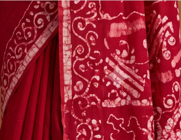 Red Pen Batik Mul Mul Cotton Saree With Blouse