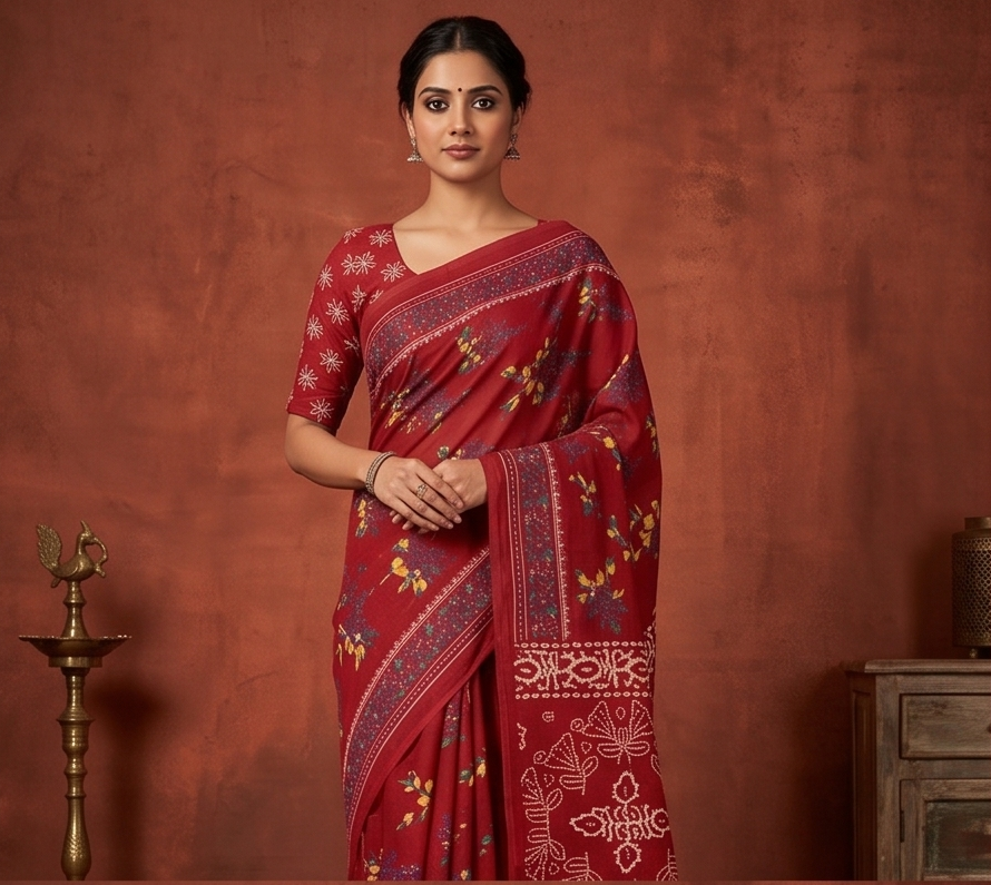 Red Mul Mul Cotton Anjali Saree With Blouse Unstitched
