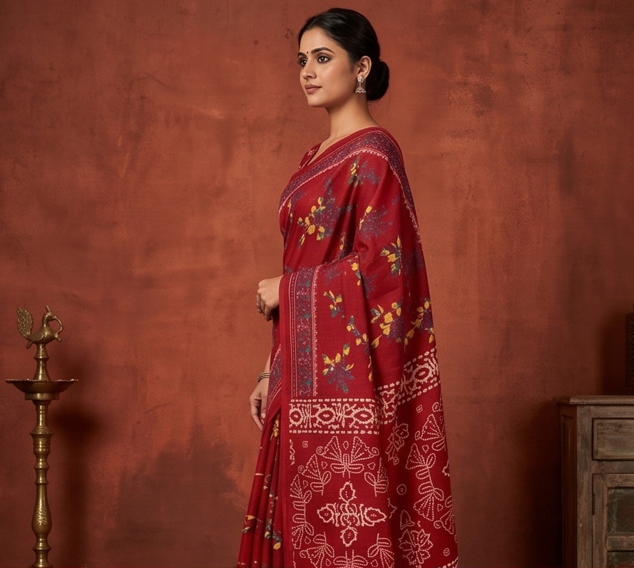 Red Mul Mul Cotton Anjali Saree With Blouse Unstitched