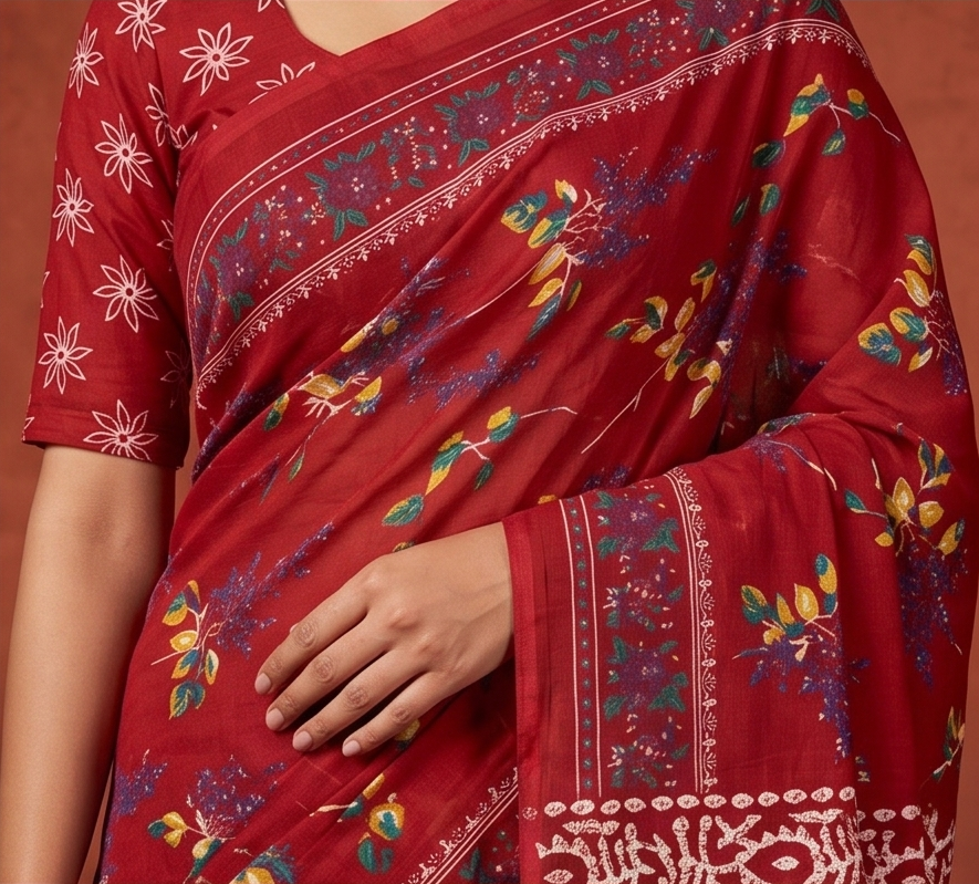 Red Mul Mul Cotton Anjali Saree With Blouse Unstitched