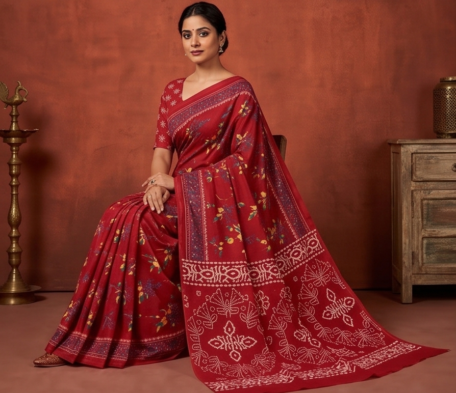 Red Mul Mul Cotton Anjali Saree With Blouse Unstitched
