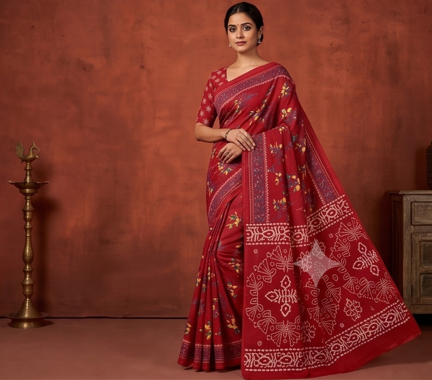 Red Mul Mul Cotton Anjali Saree With Blouse Unstitched