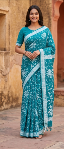 Sea Blue Pen Batik Mul Mul Cotton Saree With Blouse