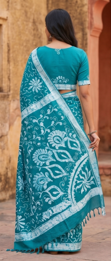 Sea Blue Pen Batik Mul Mul Cotton Saree With Blouse