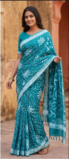 Sea Blue Pen Batik Mul Mul Cotton Saree With Blouse