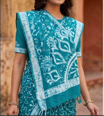 Sea Blue Pen Batik Mul Mul Cotton Saree With Blouse