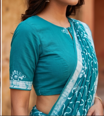 Sea Blue Pen Batik Mul Mul Cotton Saree With Blouse